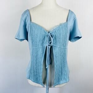 Lily Star Size Large Tie Front Lace Detail Crop Top Blue